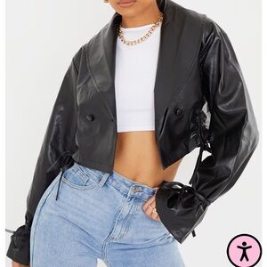 NWT Prettylittlething black faux leather ruched side tie sleeve cropped biker 6